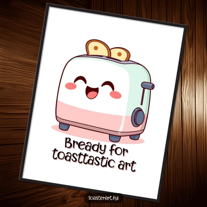 Funny free printable wall art: A giggling toaster character creating abstract toast art patterns through its grilling slots.