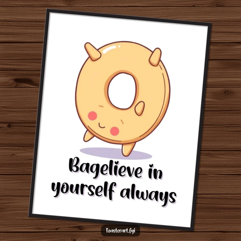 Funny Free Printable Wall Art showcasing a smiling bagel in a backward somersault, a humorous downloadable piece.