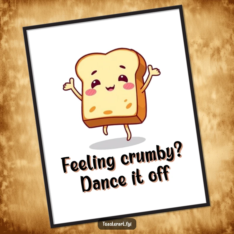 Funny free printable wall art depicting a jubilant piece of toast character in a lively, excited dance.