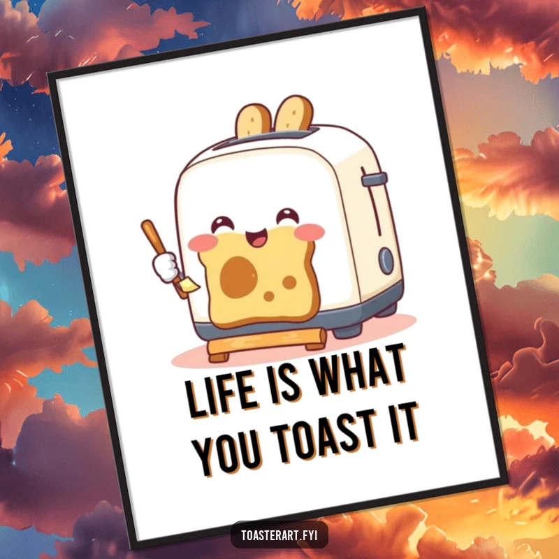 Funny Free Printable Wall Art depicting a happy toaster as an artist, painting with toast, a humorous downloadable piece.