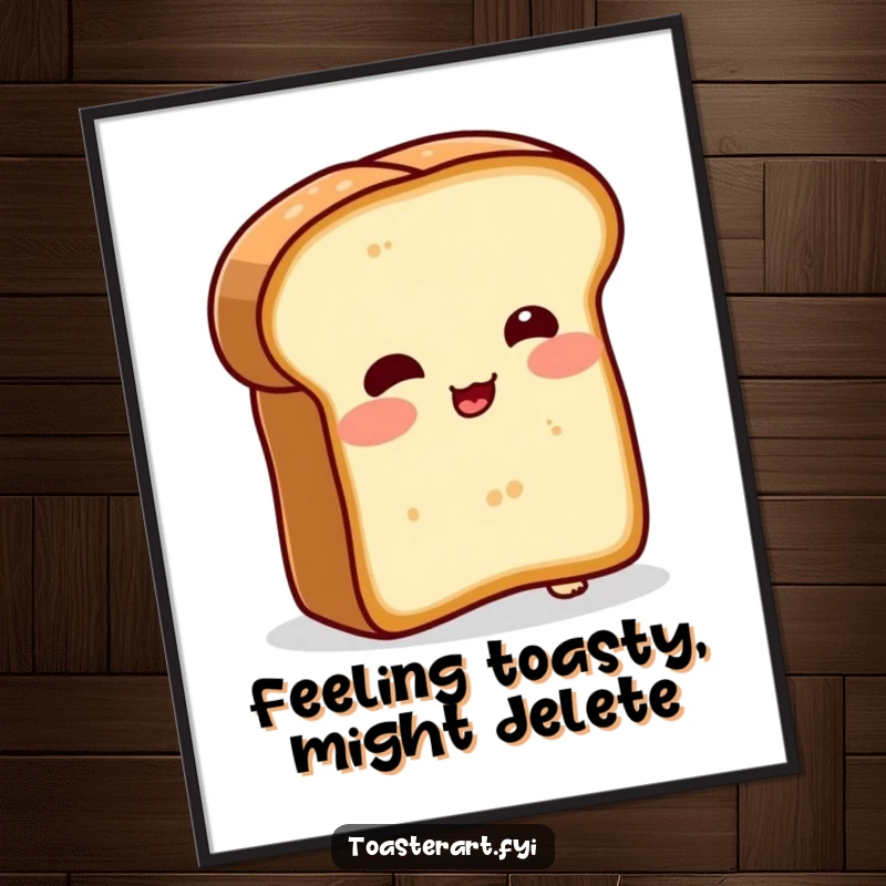 Funny Free Printable Wall Art: Blushing bread slice character comically attempts to toast itself, a hilariously earnest effort.