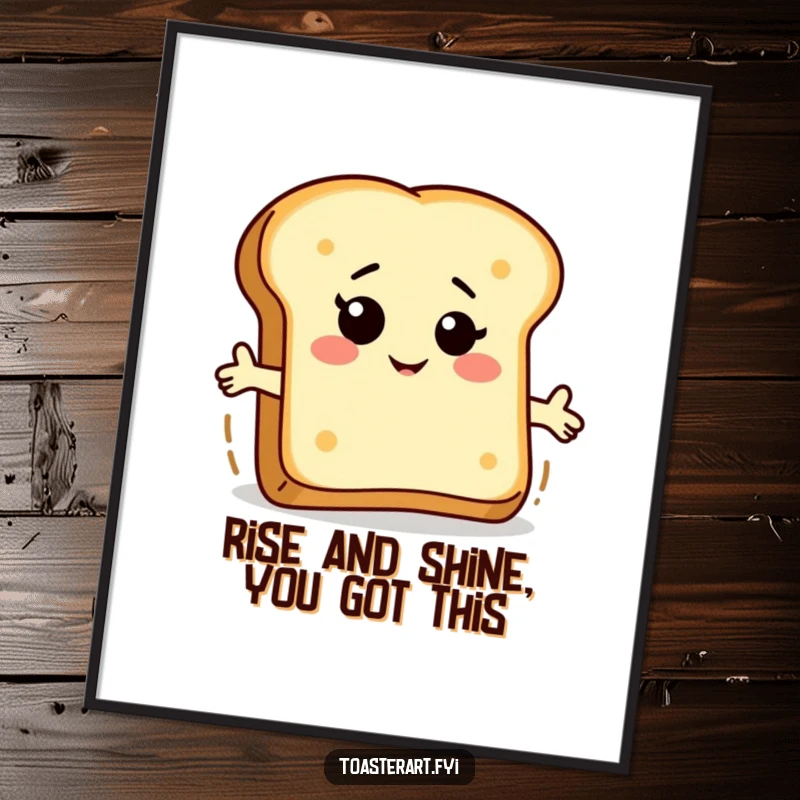 Funny Free Printable Wall Art showing a winking bread slice character humorously riding atop a rising toast, exuding playful charm.