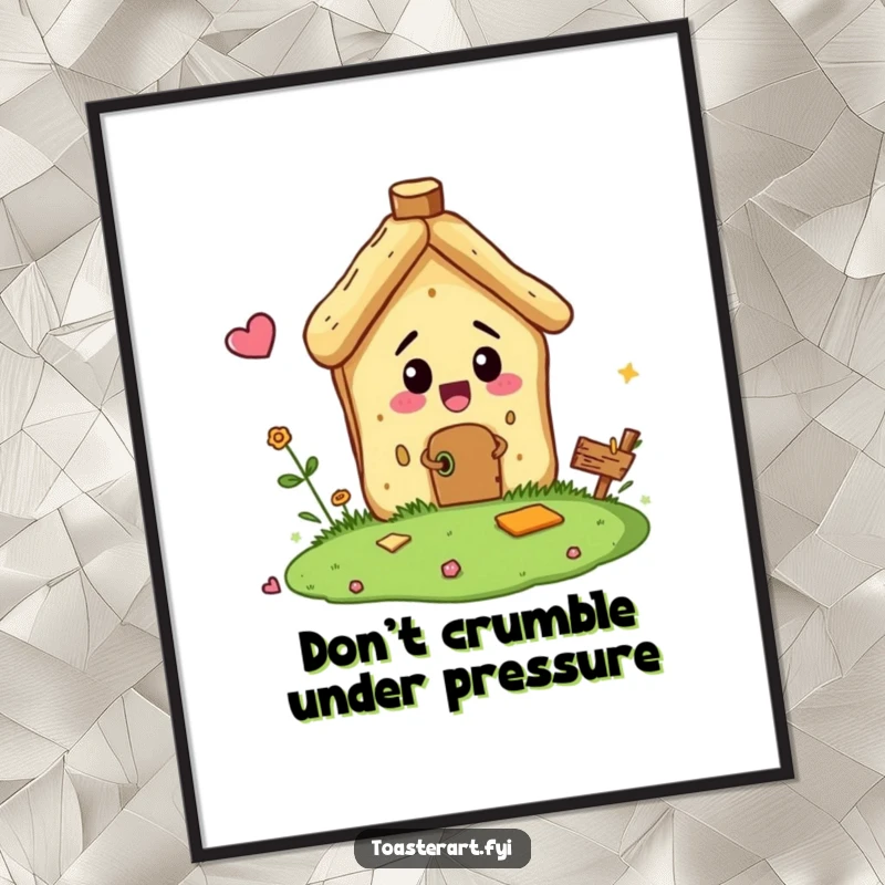 Funny Free Printable Wall Art: A bread crumb character comically attempts to build a tiny house, a whimsical downloadable decor piece.