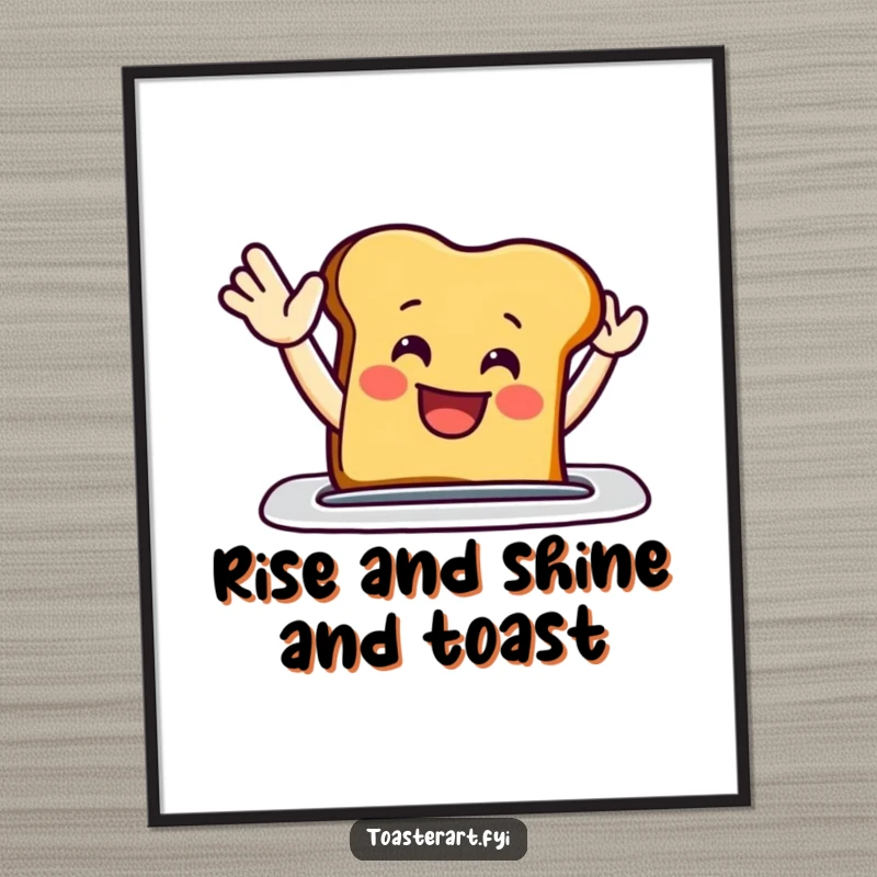 Funny Free Printable Wall Art: A smiling toast slice peeking out of a toaster slot and waving happily.