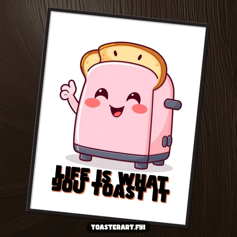 Funny Free Printable Wall Art: Energetic toaster character drawing a smiley face on a slice of toast, pure joy.