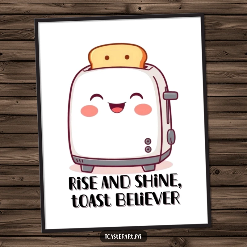 Funny Free Printable Wall Art showing a gleeful toaster with toast popping up, radiating pure, unadulterated joy. Fun kitchen decor.