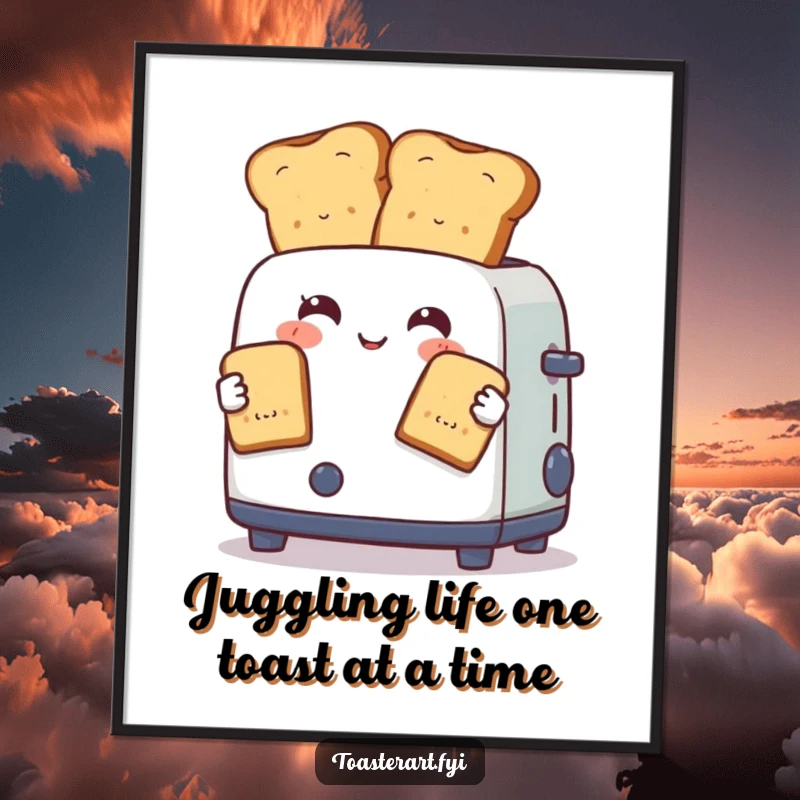 Funny Free Printable Wall Art: A cheerful toaster character skillfully juggling perfectly browned toast slices, a breakfast circus.