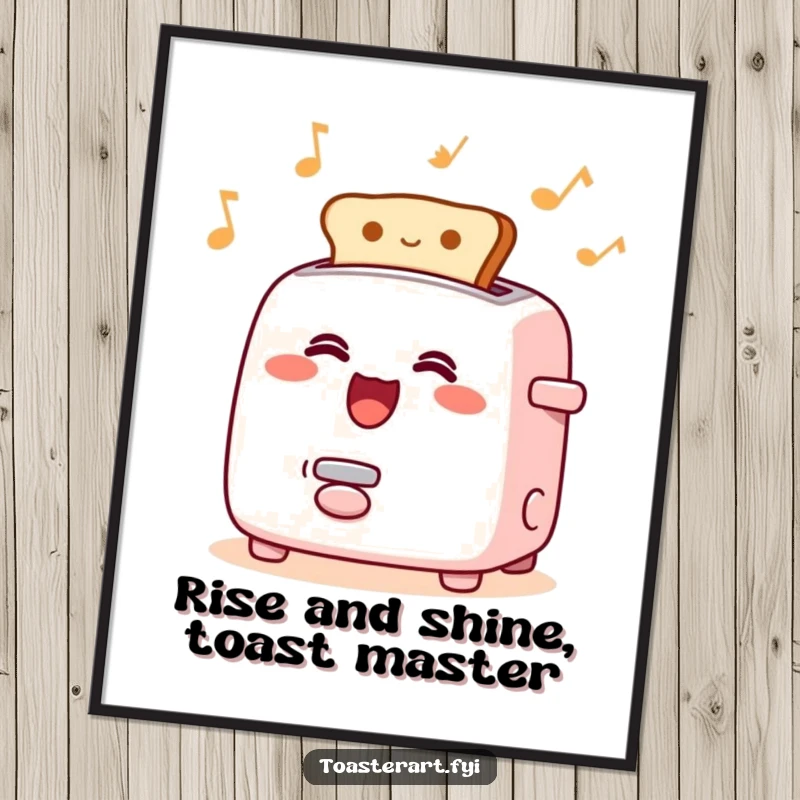 Funny Free Printable Wall Art: A happy toaster character sings joyfully with toast popping rhythmically, a humorous art piece.