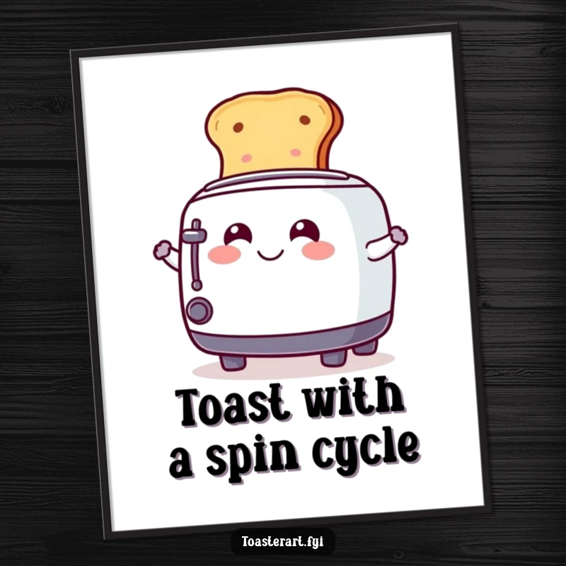 Funny Free Printable Wall Art: A smiling toaster character is depicted spinning a slice of toast playfully.