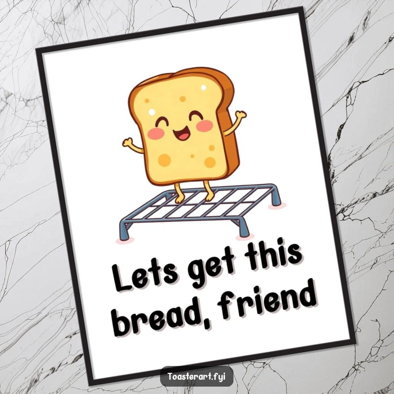 Funny Free Printable Wall Art: A cheerful toast character doing a little jig on a toasting rack, a warm and funny kitchen decor piece.