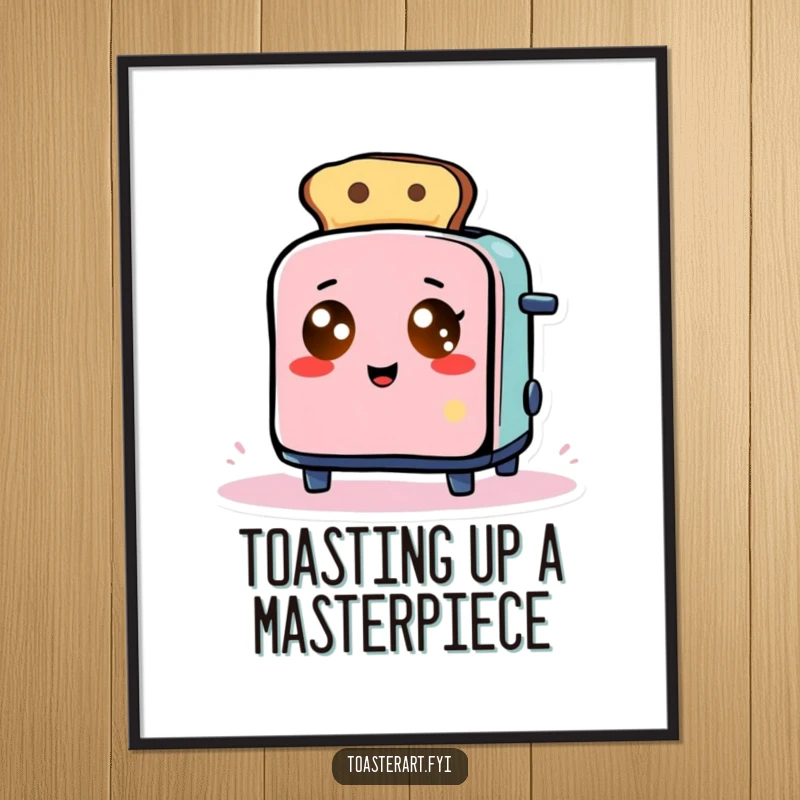 Funny Free Printable Wall Art: A toaster character with glowing eyes comically creating abstract art using toast pieces, a culinary Picasso.