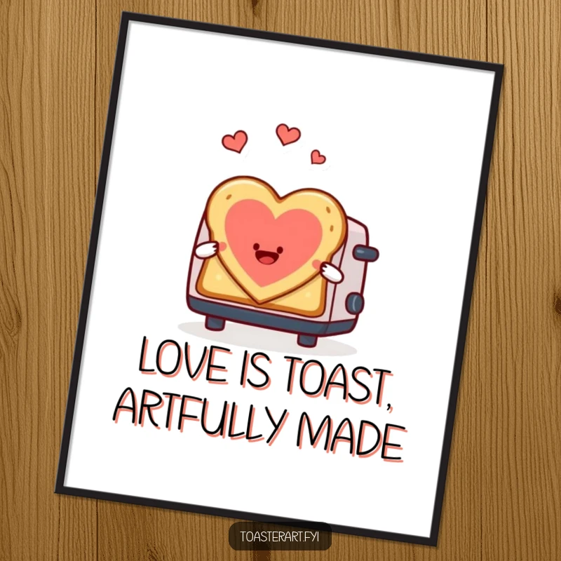 Funny Free Printable Wall Art: A toaster character gleefully makes toast art in the shape of a heart, a warm decor piece.
