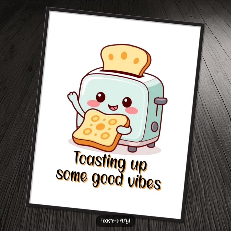 Funny Free Printable Wall Art: A cheerful toaster character artfully toasting patterns onto slices of bread, culinary creativity.