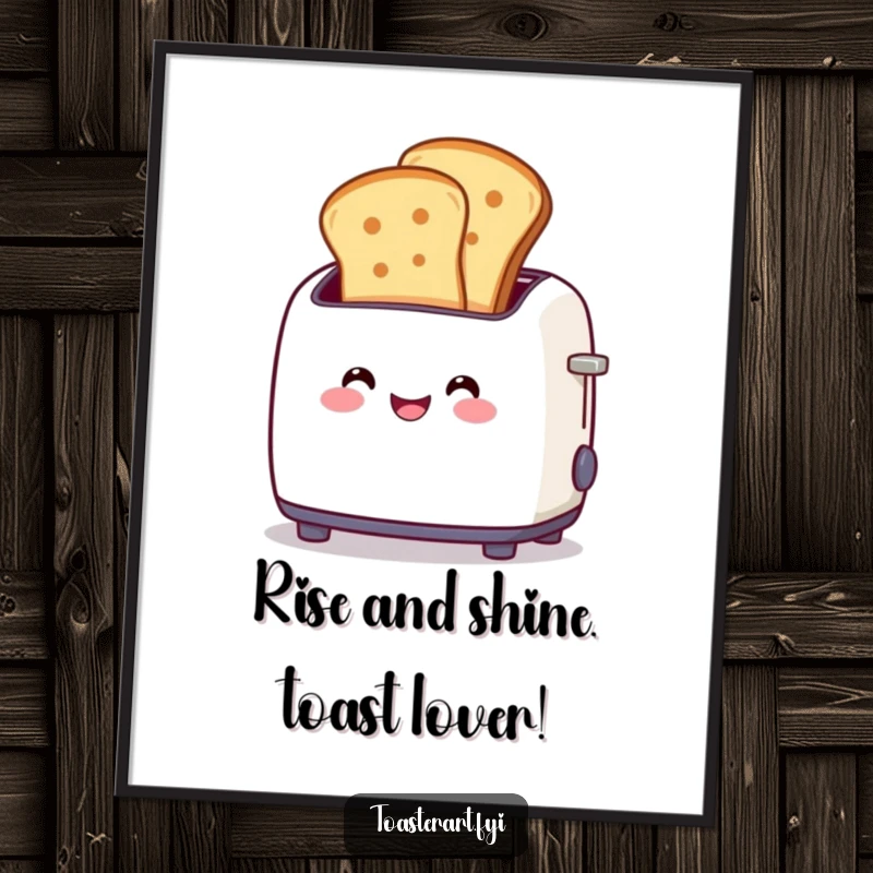 Funny Free Printable Wall Art: A smiling toaster gleefully pops out two perfectly browned toast slices, a cheerful downloadable piece.