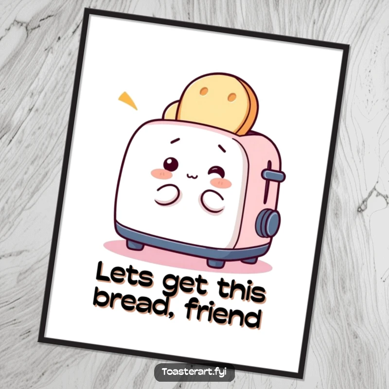 Funny Free Printable Wall Art: A whimsical toaster character energetically plays with bread, creating a fun scene.