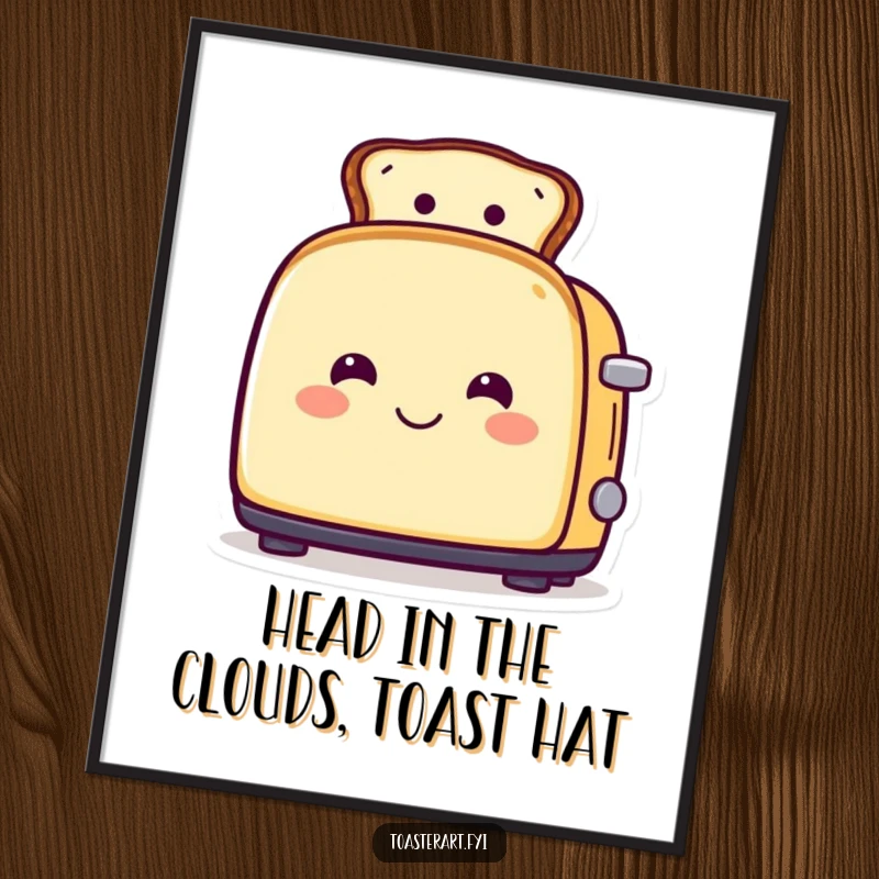 Funny Free Printable Wall Art depicting a smiling toaster character proudly wearing toast as a fashionable hat.