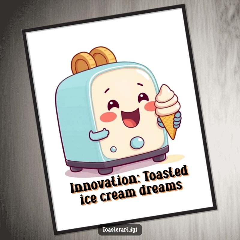 Funny Free Printable Wall Art: Happy toaster character gleefully attempting to bake a tiny ice cream cone, a humorous kitchen or cafe decor piece.