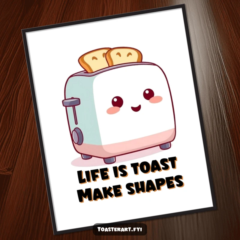 Funny Free Printable Wall Art showcasing a cheerful toaster making toast in various humorous and unexpected shapes. Quirky decor.