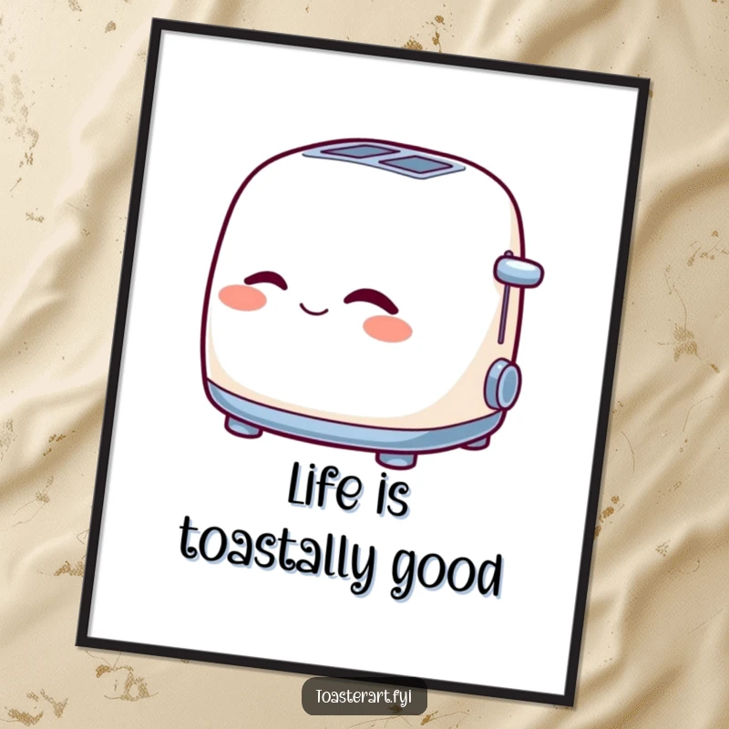 Funny Free Printable Wall Art of a cheerful toaster winking playfully, its open slots adding to its quirky, inviting personality.