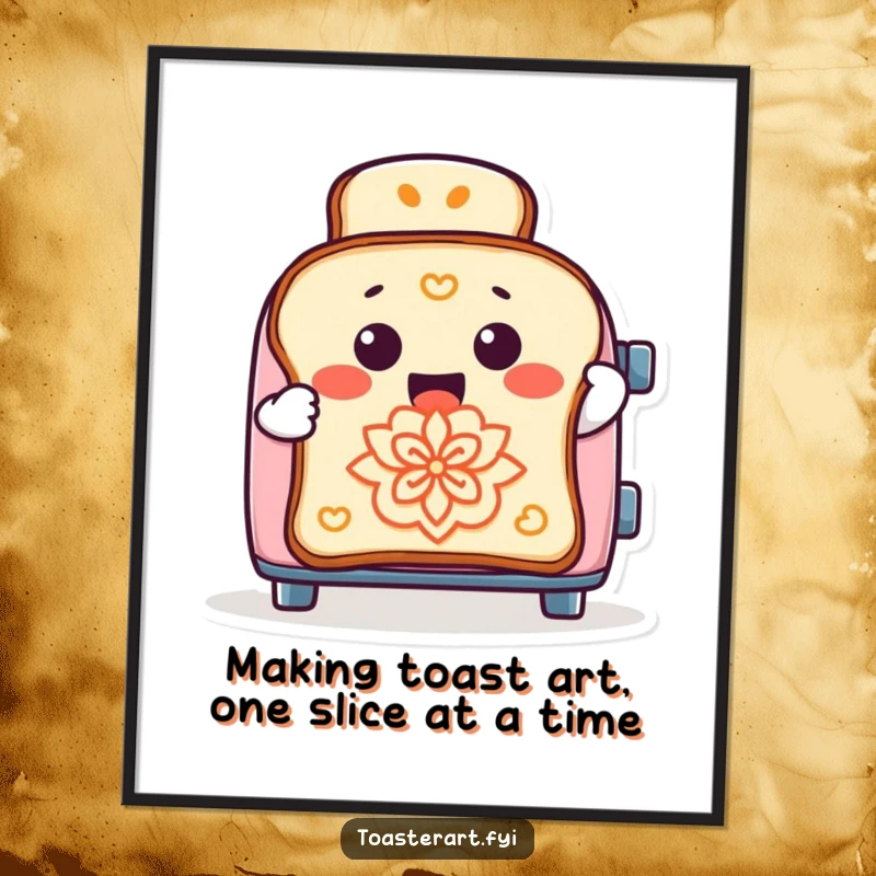 Funny Free Printable Wall Art: Cheerful toaster character playfully imprinting artistic designs onto slices of toast, a humorous kitchen decor piece.