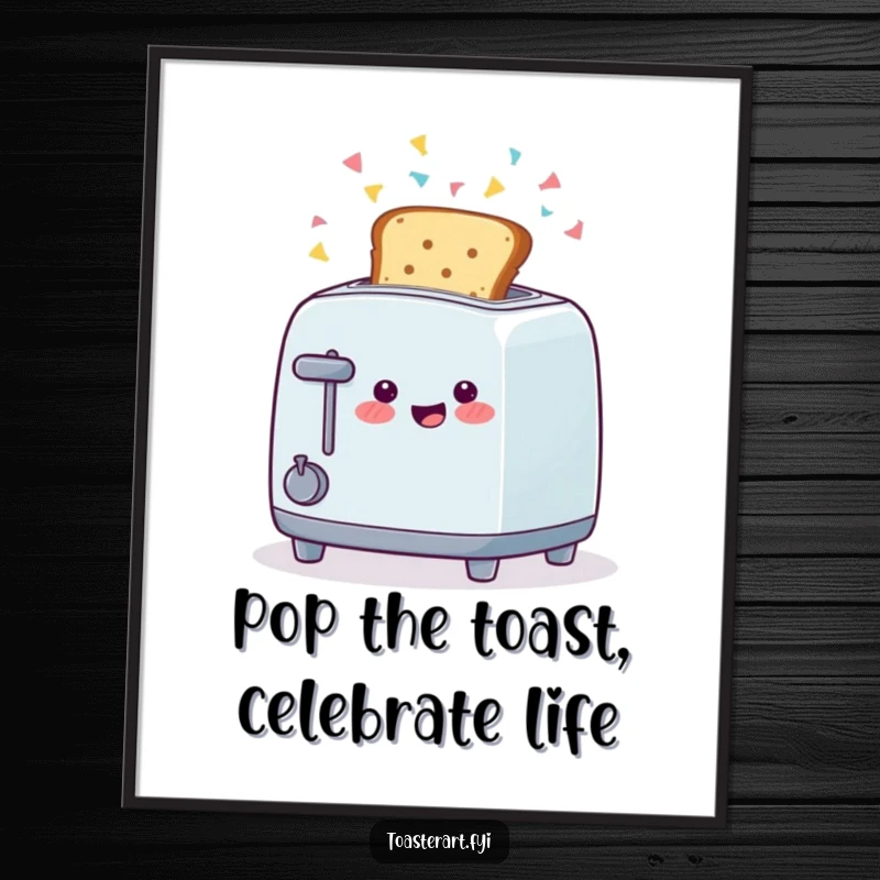 Funny Free Printable Wall Art depicting a happy toaster character launching toast with a confetti explosion.