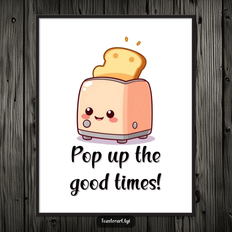 Funny Free Printable Wall Art featuring a happy toaster character joyfully popping up golden brown toast with a big smile.