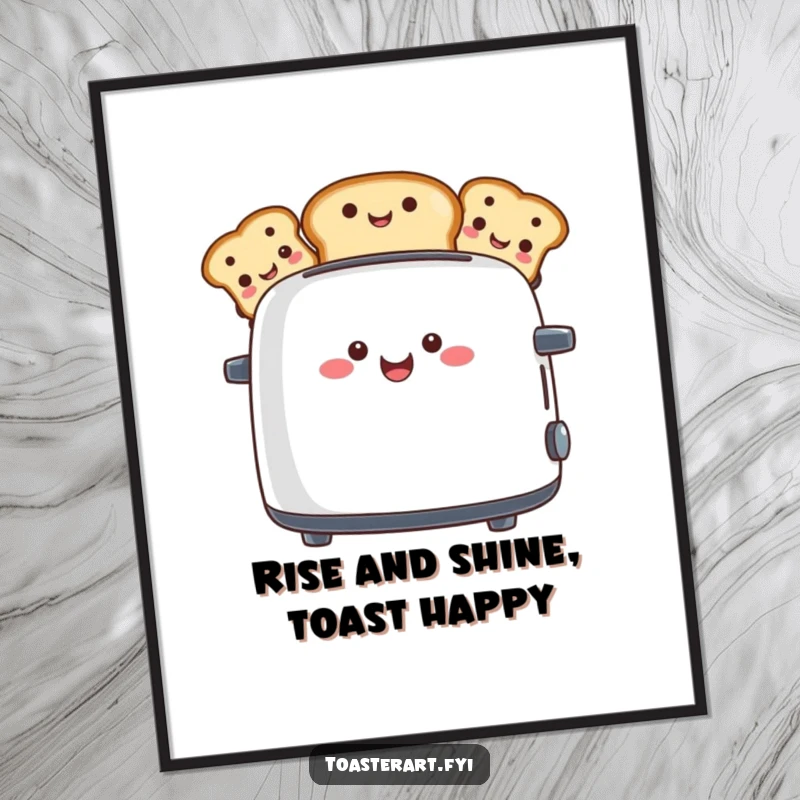 Funny free printable wall art of a happy toaster character proudly displaying toast slices with amusing, smiling faces.