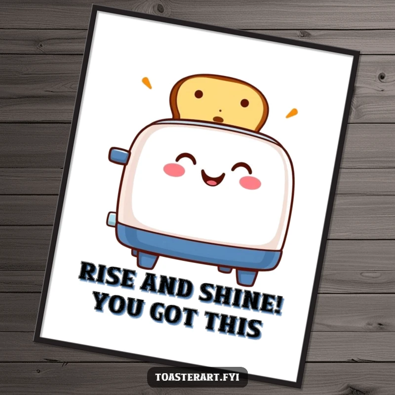 Funny Free Printable Wall Art: A grinning toaster character energetically popping up toast, a humorous and cheerful piece of downloadable art.