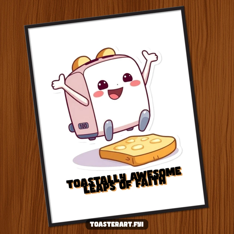 Funny Free Printable Wall Art: A happy toaster character is shown in mid-air, joyfully leaping onto a piece of toast.
