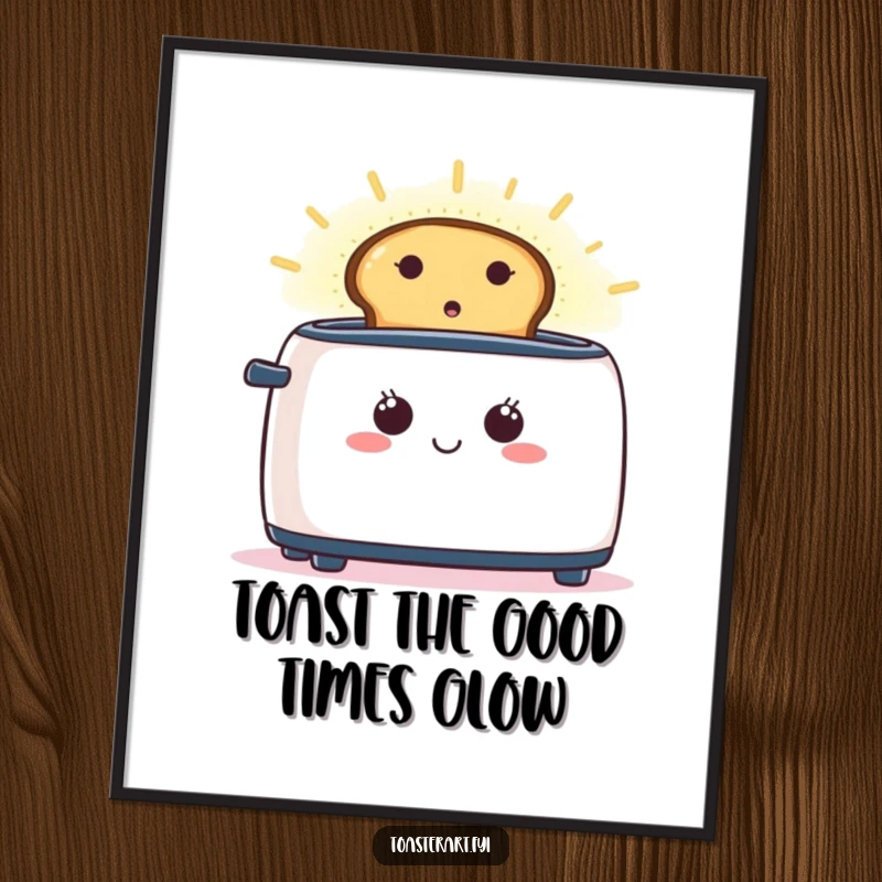 Funny Free Printable Wall Art of a happy toaster with toast creating a warm, inviting glowing aura. Breakfast fun!