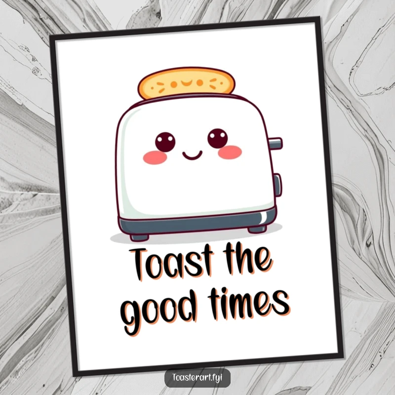 Funny Free Printable Wall Art showing a cheerful toaster creatively making toast into smiley faces, a delightful kitchen accent.
