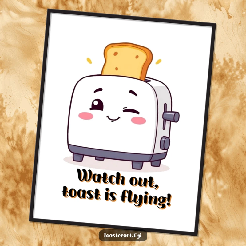 Funny Free Printable Wall Art: A toaster winks mischievously as toast flies out, adding a playful and energetic vibe to the room.