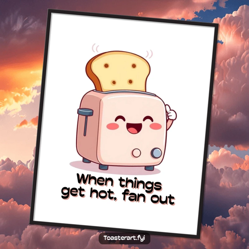 Funny Free Printable Wall Art: Smiling toaster character joyfully fanning away steam with a giant slice of bread, a humorous kitchen decor piece.