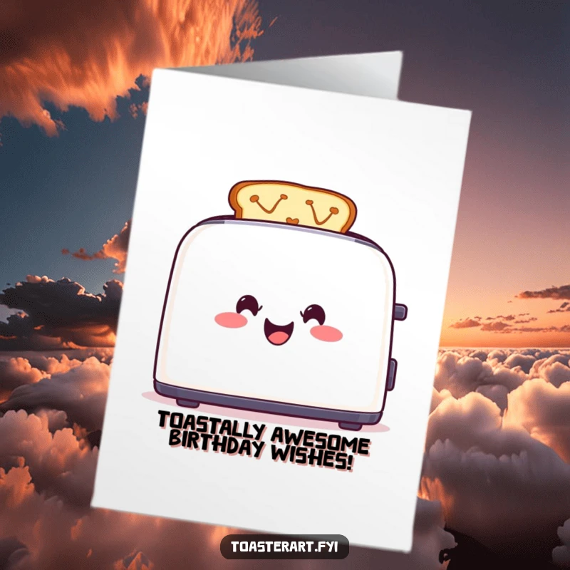 Funny Free Printable Birthday Card: Cheerful toaster creating colorful toast designs, celebrating a bright and happy birthday.