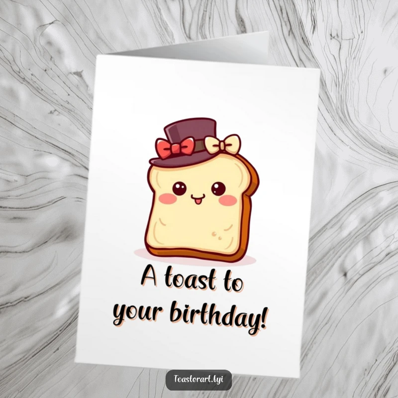 Funny Free Printable Birthday Card: A toast slice wearing a top hat bowing elegantly with delight, birthday wishes.