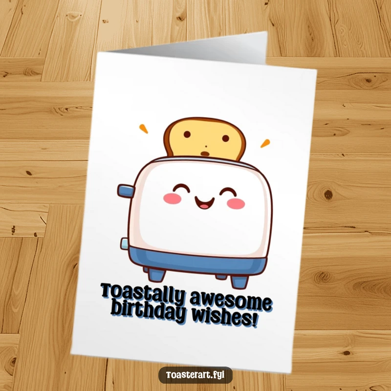 Funny Free Printable Birthday Card: Grinning toaster character excitedly popping up golden toast, ready to celebrate with humor.