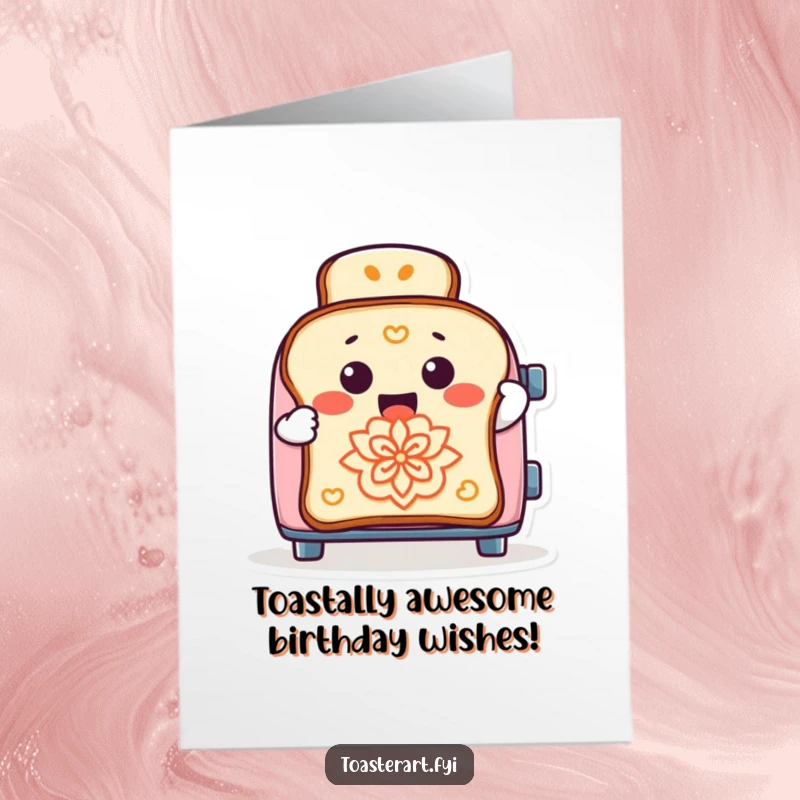 Funny Free Printable Birthday Card: Cheerful toaster artistically imprinting designs onto toast, conveying quirky creativity and celebration.