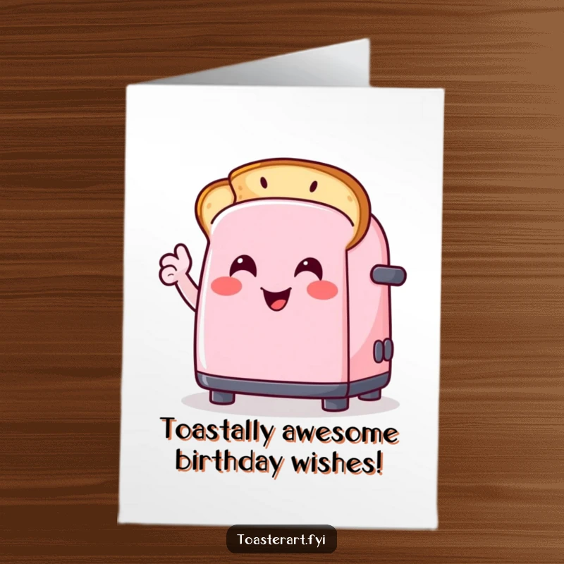 Funny Free Printable Birthday Card: Happy toaster character drawing a smiley face on toast, spreading cheer.