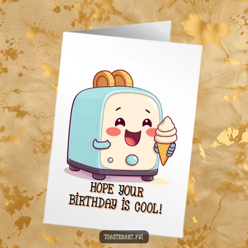 Funny Free Printable Birthday Card: Happy toaster attempting to bake a tiny ice cream cone, a humorous and unexpected birthday surprise.