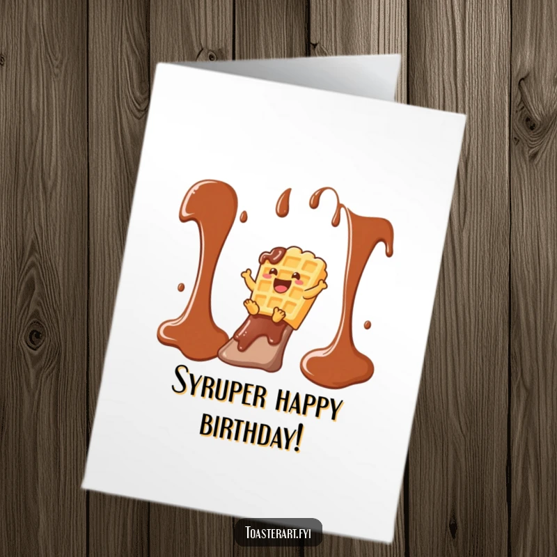Funny Free Printable Birthday Card: Waffle character joyfully sliding down a chocolate syrup slide, ready for a sweet celebration.