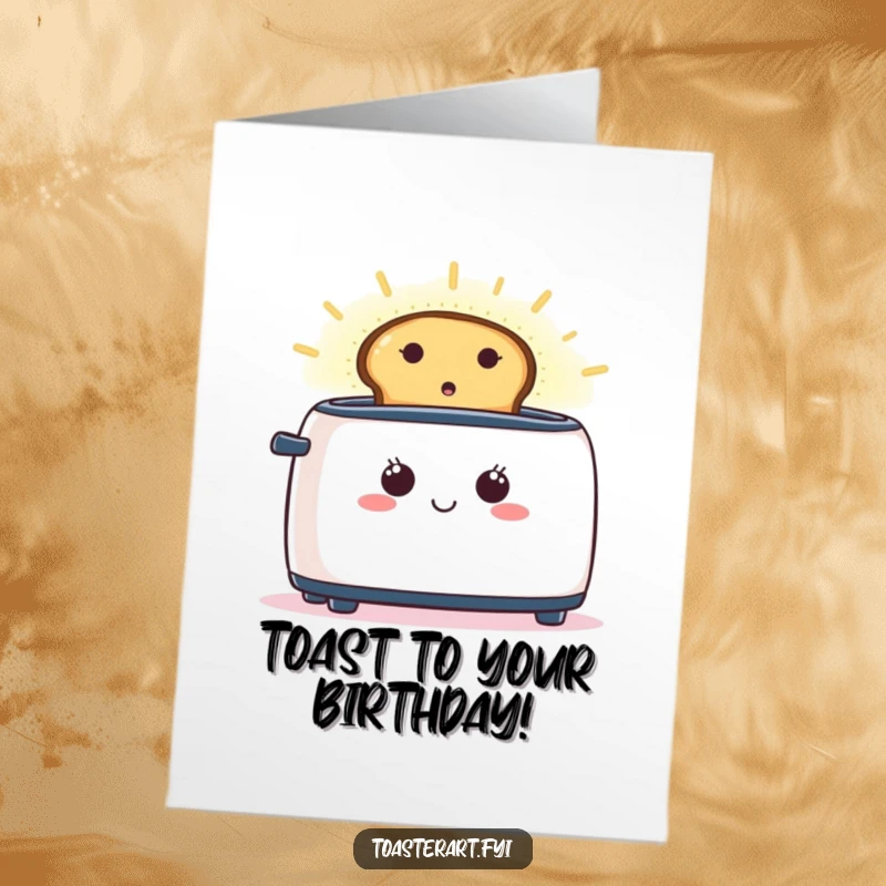 Funny Free Printable Birthday Card of a happy toaster with toast emitting a warm, glowing aura of celebration.