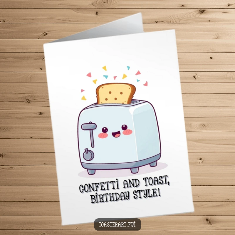 Funny Free Printable Birthday Card of a happy toaster character ejecting toast amidst a shower of colorful confetti.