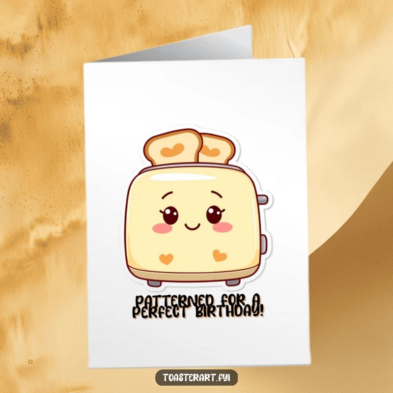 Funny Free Printable Birthday Card of a smiling toaster presenting toast with perfect patterns, a charming and humorous design.