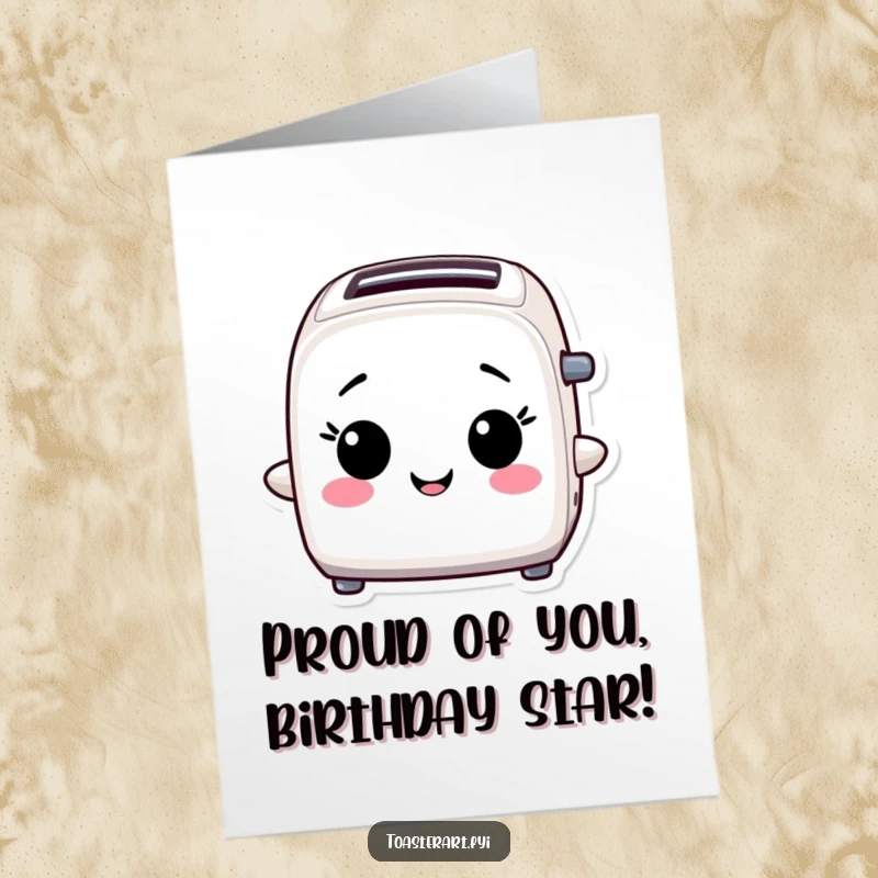 Funny Free Printable Birthday Card: A toaster character beaming with immense pride and accomplishment.