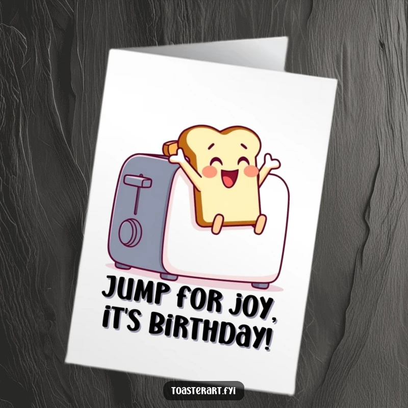 Funny Free Printable Birthday Card: A delighted toast character joyfully leaps from a toaster, celebrating a fantastic birthday.