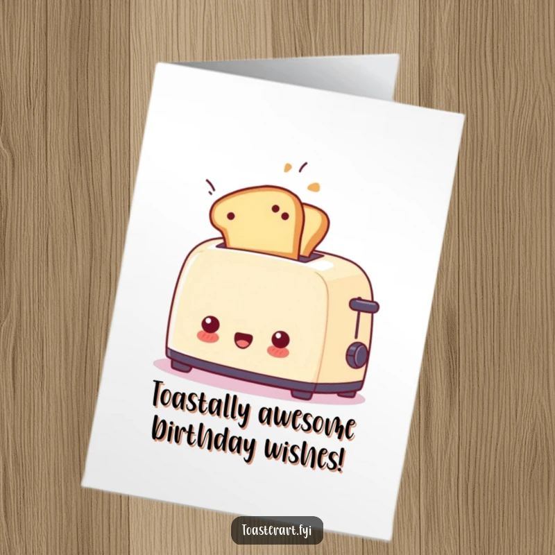 Funny Free Printable Birthday Card: A surprised toaster ejects toast mid-air, creating a comical chaotic scene for a birthday greeting.