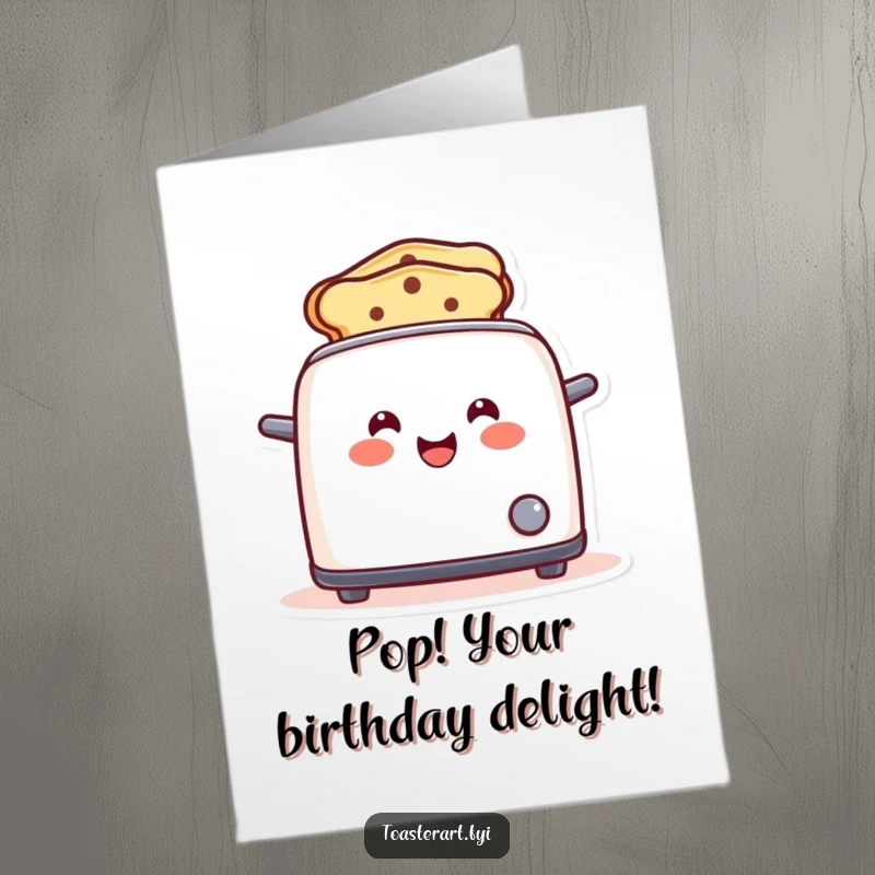 Funny Free Printable Birthday Card: A happy toaster character popping up with toast shaped like smiles, celebrating a birthday with delicious cheer.