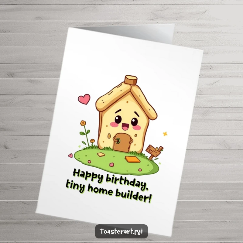 Funny Free Printable Birthday Card: A bread crumb character comically tries to build a tiny house, a sweet downloadable gift.