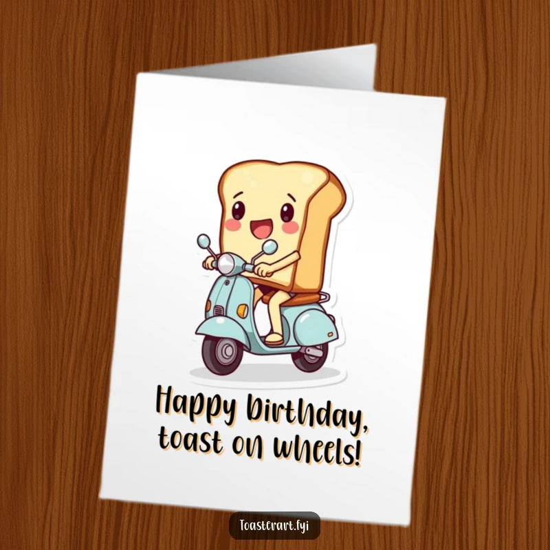 Funny Free Printable Birthday Card: A slice of toast character excitedly rides a miniature scooter, a zippy downloadable gift.