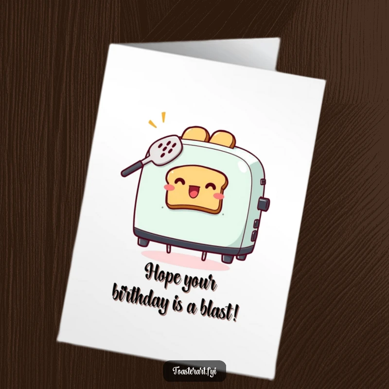 Funny Free Printable Birthday Card: A toaster character comically tries to catch flying toast with a spatula, a hilarious mess.